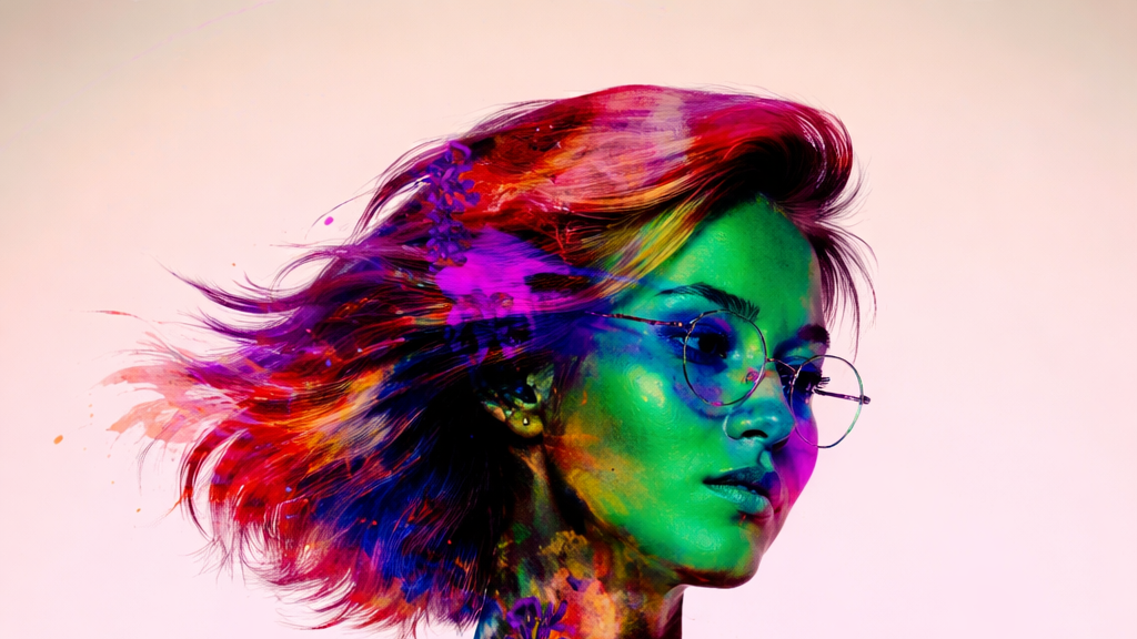 Abstract portrait of a woman with bold yellow, raspberry pink, and blue paint textures blended across her silhouette with purple floral elements.