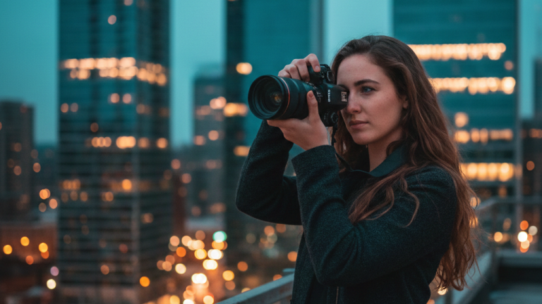 Person photographing city skyline at dusk.