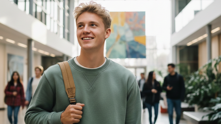Young man with backpack smiling in a university lobby filled with students.
