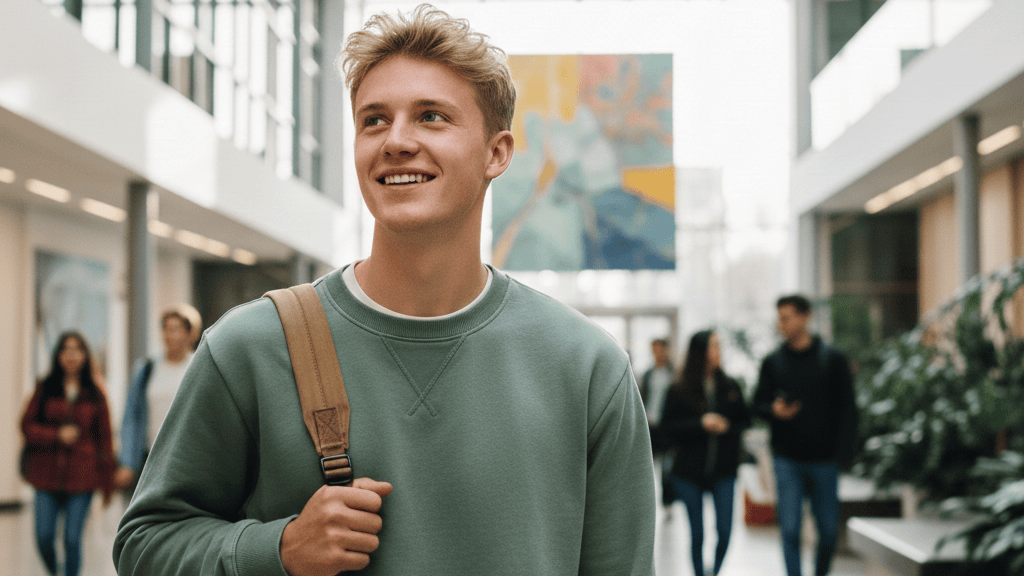 Young man with backpack smiling in a university lobby filled with students.